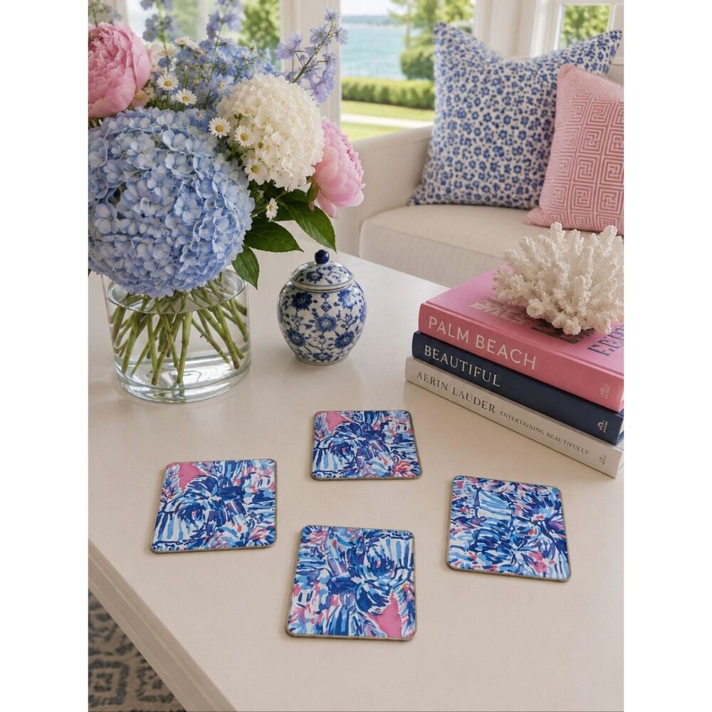 Set Of 4 Handmade Coasters Preppy Coastal Cottage Beachy Entertaining Hostess